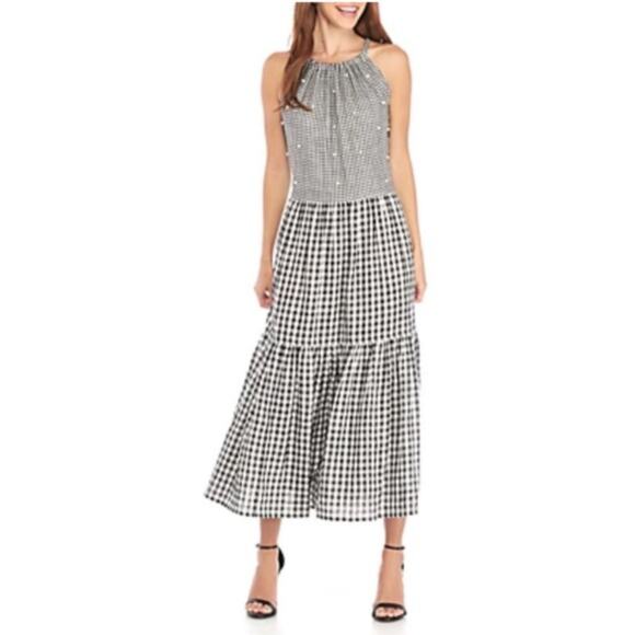 Violet Weekend Black White Gingham Pearl Maxi Dress L Sleeveless Tiered Gauzy - Picture 1 of 7